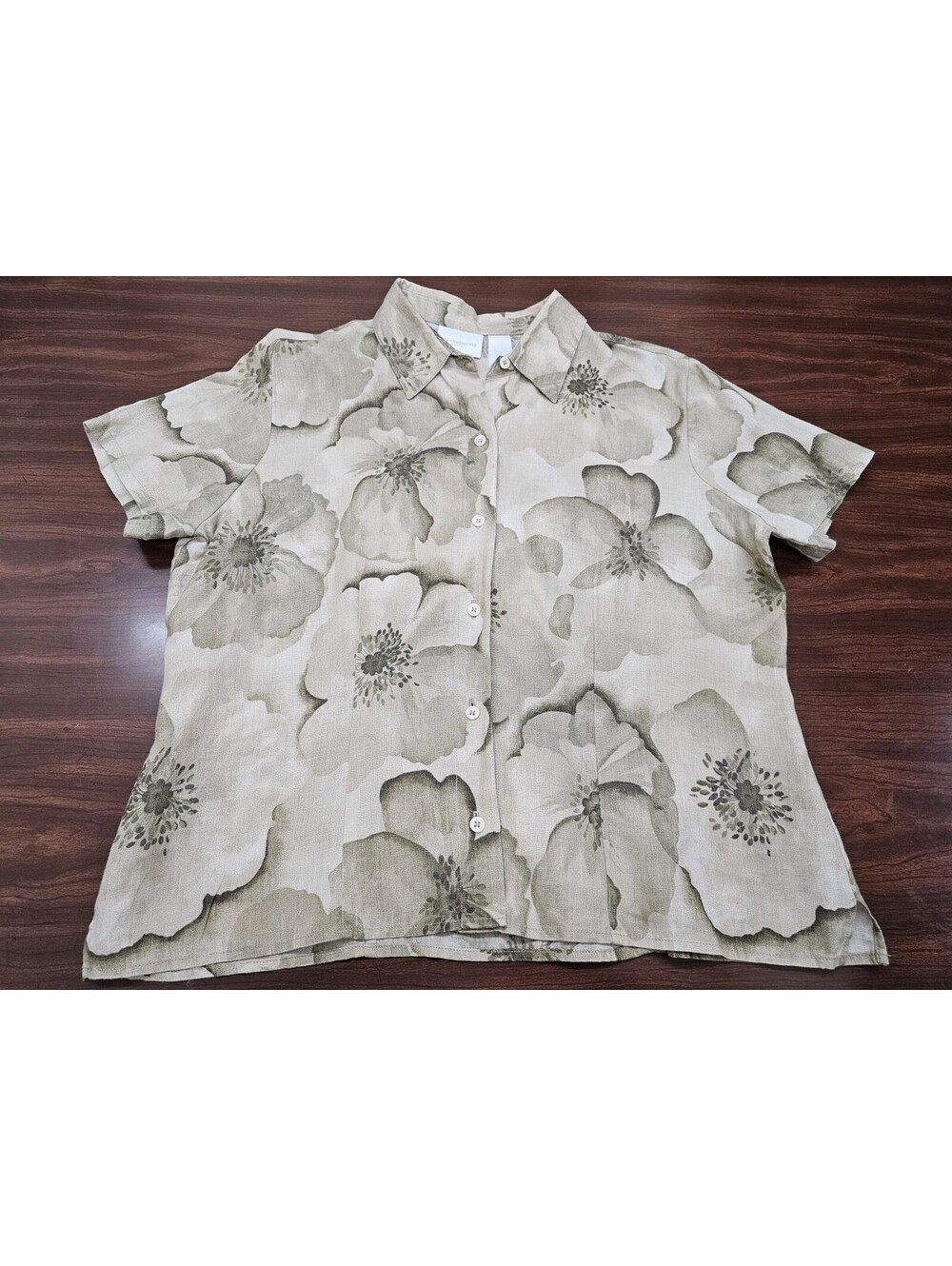 Liz Claiborne LizSport Large Beige Floral Print 100% Linen Button Down Shirt